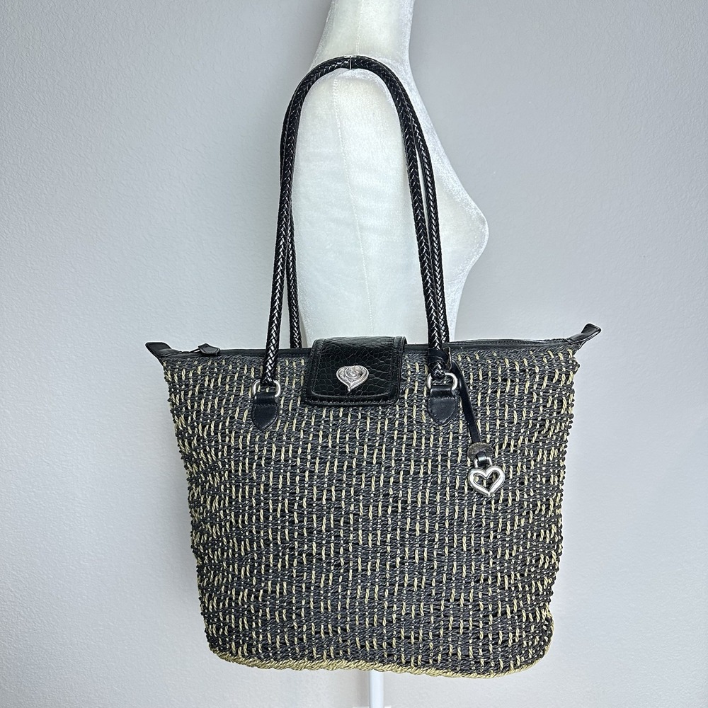 Brighton Woven wicker Straw‎ Tote Shoulder Bag Black Brown Leather XL Large